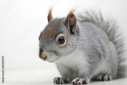 A close up of a squirrel on a white surface. Generative AI.