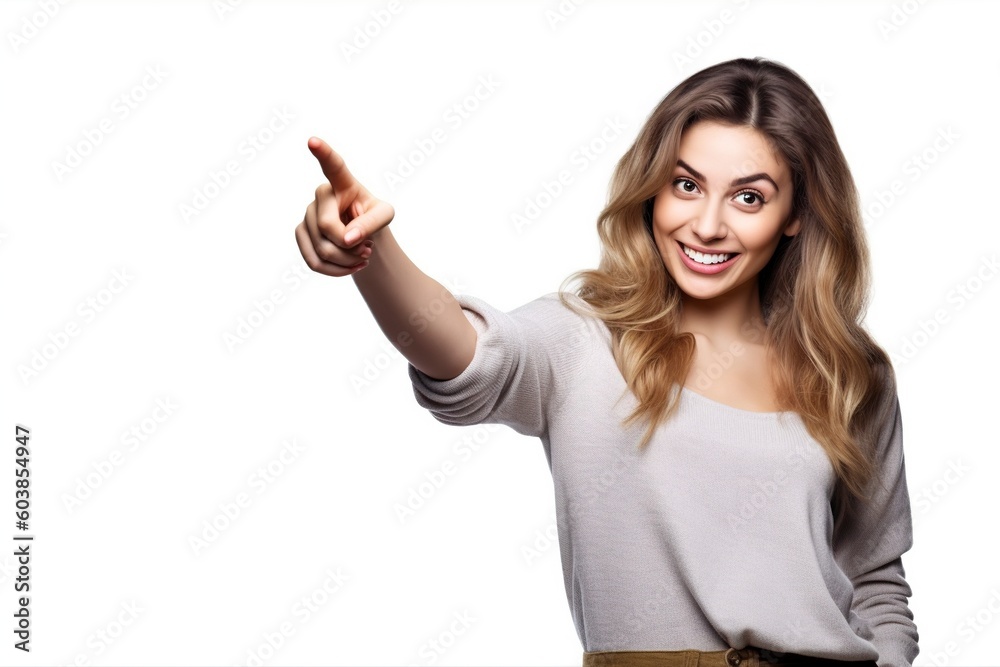 A woman indicates with her finger, isolated on white background. Ai generated. A woman indicates with her finger, isolated on white background. Ai generated.