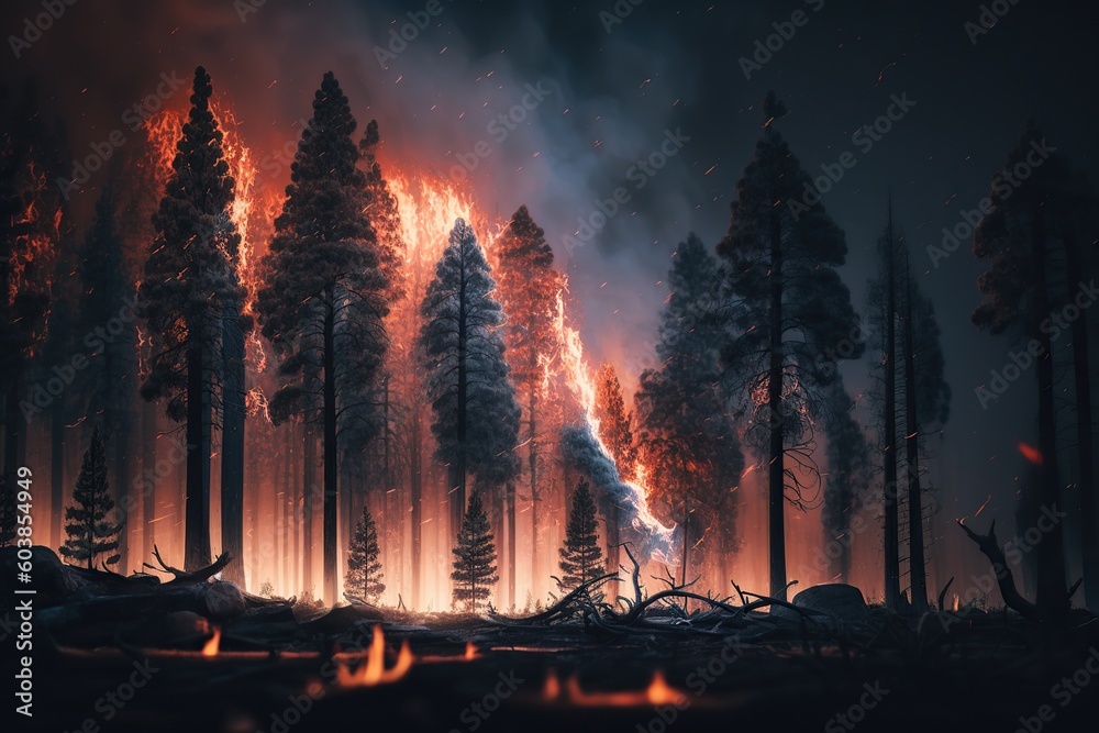 Drought and climate change cause uncontrollable super forest fires. Ai generated.