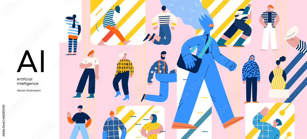 Artificial intelligence, AI and humanity -modern flat vector concept illustration of AI character walking among people in everyday life. Metaphor of AI advantage, benefit, friendliness concept - obrazy, fototapety, plakaty 