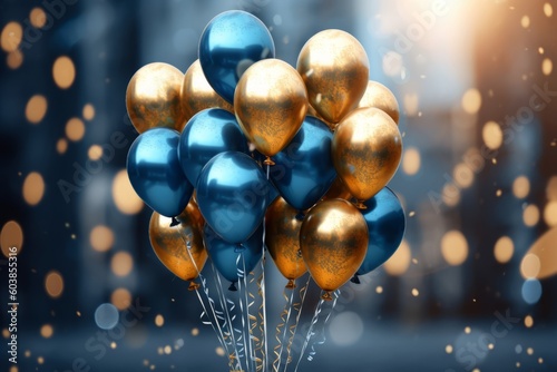 Vibrant Display of Blue and Gold Balloons, Perfect for Celebrations and Parties, Generative AI