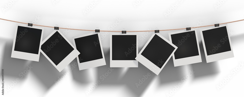 Photo Hang Layout String Photo frames are hanging on a rope fixed with office clothespins ...