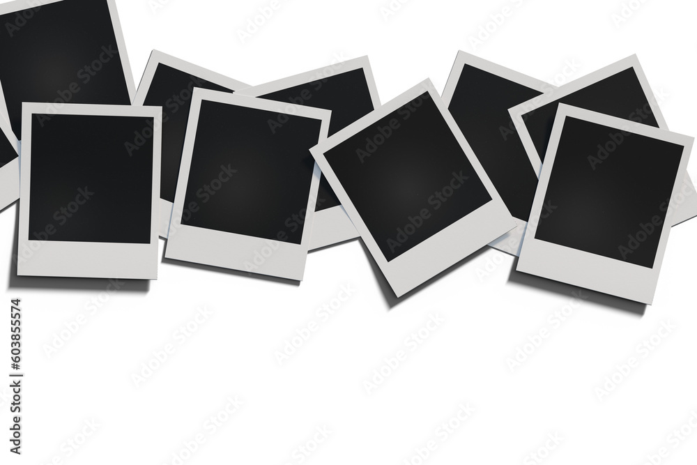 Photo frames are scattered on the table. Layout for a photo album. Vintage snapshot photo frames lie on the table. Empty blank for your design. Photo frames are scattered on the table. Layout for a photo album. Vintage snapshot photo frames lie on the table. Empty blank for your design.