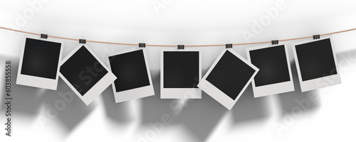 Photo frames are hanging on a rope fixed with office clothespins. Garland layout in square photo frames, glued together with multi-colored tape. Realistic blank templates on a transparent background.