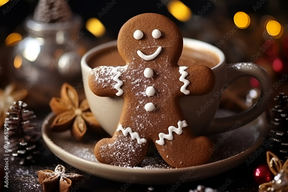 Smiling gingerbread man stands next to a mug of hot cocoa, bokeh in the background. AI generated