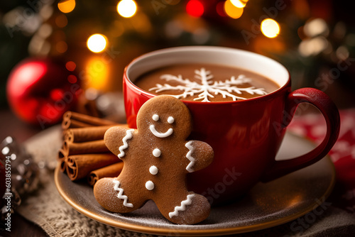 Smiling gingerbread man stands next to a mug of hot cocoa, bokeh in the background. AI generated