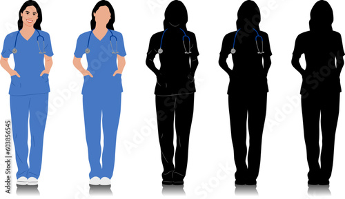 Hand-drawn female healthcare worker. Happy smiling female doctor with a stethoscope. Nurse in blue uniform. Vector flat style illustration set isolated on white. Full length view