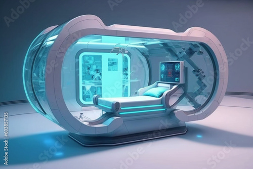 photorealistic advanced spaceship, futuristic medical operating room, medical pod sits in the middle of the room, medical pod is made from blue transparent gel, bed is transparent blue, medical pod is
