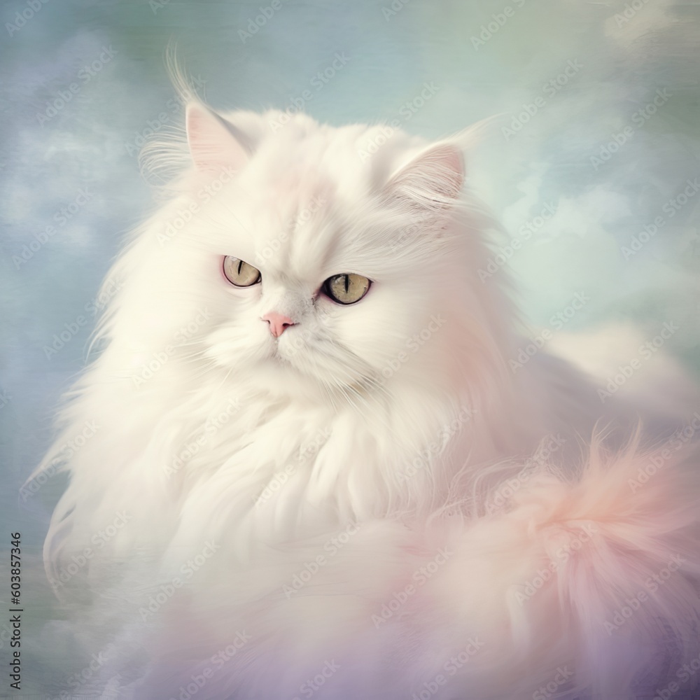 Whimsical Serenity: Persian Cat in Dreamy Pastel Surroundings