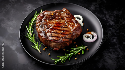 Grilled ribeye beef steak with rosemary and marinated onion on a black stone table.