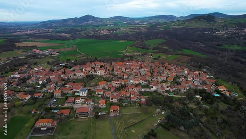 Aerial view around the old town of the city Montpeyroux in France on a sunny day in early spring	 photo