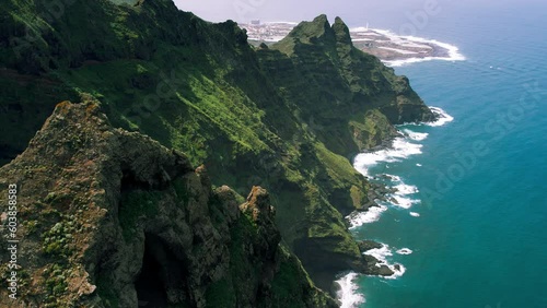 Green mountain ranges in Anaga rural park, nature reserve. Chinamada landscape on ocean coastline, hiking area with laurel forests. Tenerife Canary Islands Spain. photo
