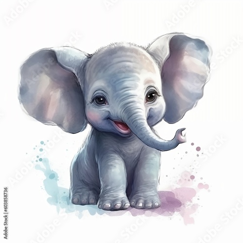  Cute elefant baby smiling, cartoon watercolor drawing 3D