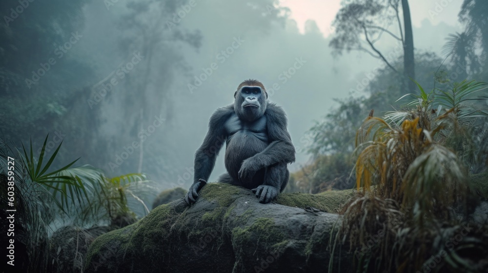 Gorilla sitting on a rock in a jungle with mist rising in the background. Generative AI