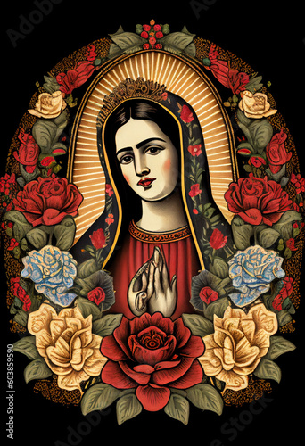 Mexican style Mother of God among the flowers, generative AI