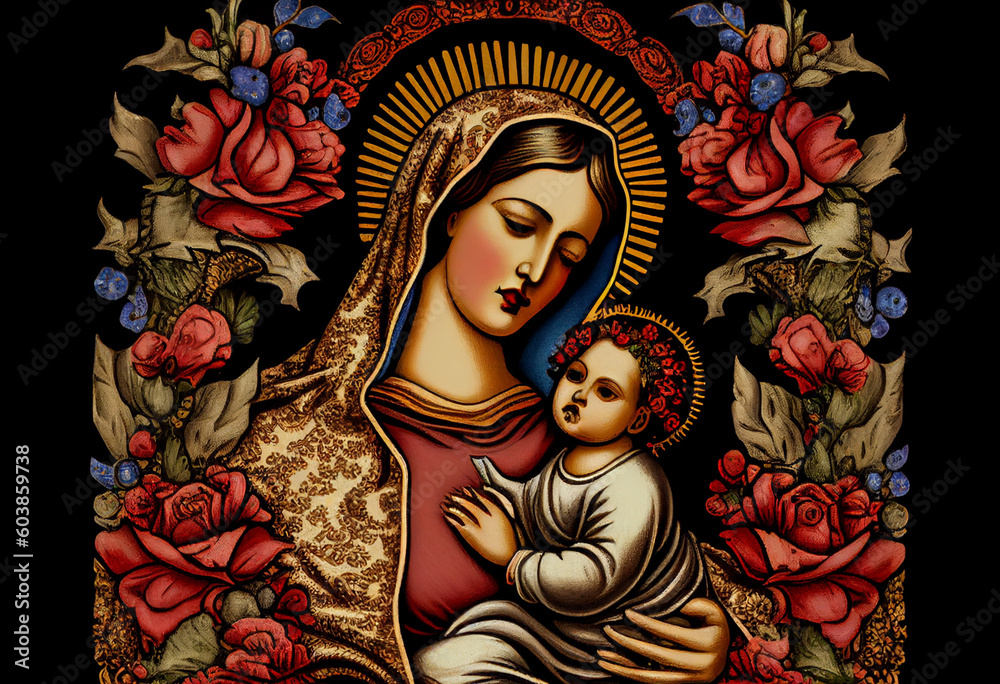 Mother of God with baby Jesus in Mexican style among flowers, generative AI