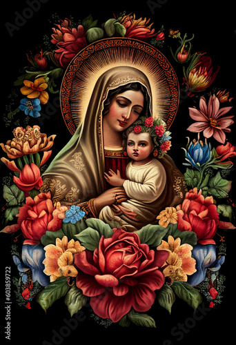 Mother of God with baby Jesus in Mexican style among flowers, generative AI