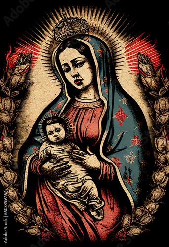 Mother of God with baby Jesus in Mexican style among flowers, generative AI