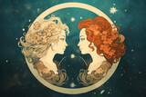 Gemini sign with two tween women in a circle on star retro blue background.