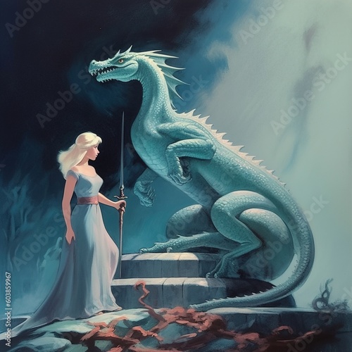 A woman in a blue dress stands next to a dragon statue. © Milankov