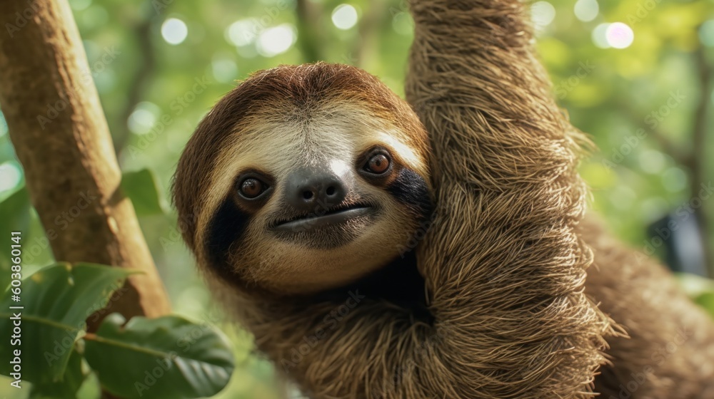 Wild sloth hanging on tree with funny face and relaxed look. Generative AI. Wild sloth hanging on tree with funny face and relaxed look. Generative AI.