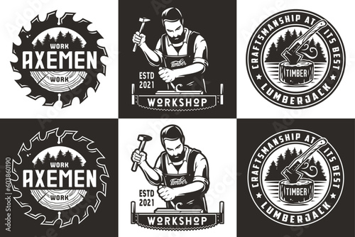 Set of bearded carpenter or axemen with saw for logo of carpentry or wood carving. Lumberjack or woodworker with chisel in his hands for design of workshop or woodworking