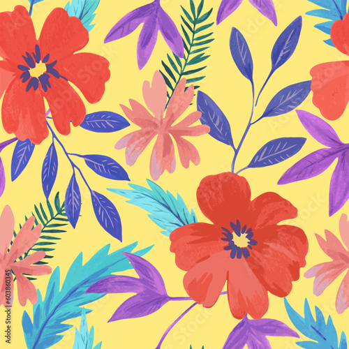 Seamless pattern with abstract red colorful flowers and various botanical elements. Hand drawn vector illustration.