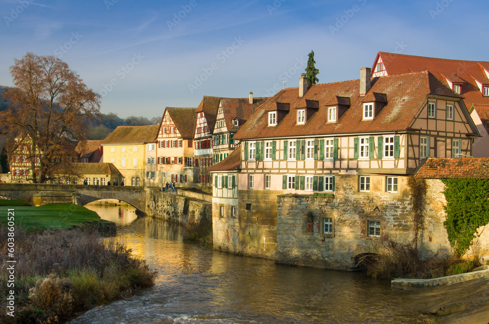 Schwäbisch Hall, Germany - old city with half-timbered houses at the river