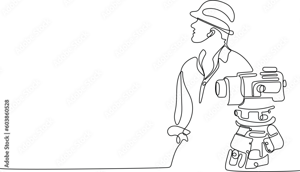 Close up of Caucasian worker with helmet on head using tablet for work while standing in warehouse. Surveyor with a tripod icon. Geodesic tripod. Vector illustration Close up of Caucasian worker with helmet on head using tablet for work while standing in warehouse. Surveyor with a tripod icon. Geodesic tripod. Vector illustration