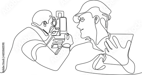 Close up of Caucasian worker with helmet on head using tablet for work while standing in warehouse. Surveyor with a tripod icon. Geodesic tripod. Vector illustration