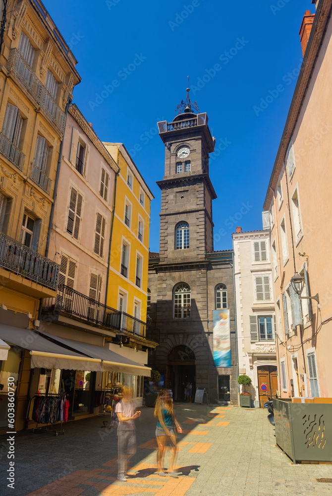 Exterior view of Clock Tower of Issoire during daytime. Puy-de-Dome department in Auvergne, central France.