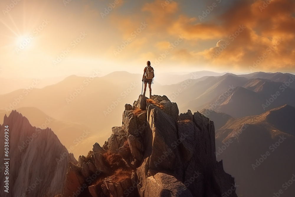 woman standing on top of a mountain over lake, in the style of realistic landscapes with soft edges, photo-realistic, sunset hiking lifestyle