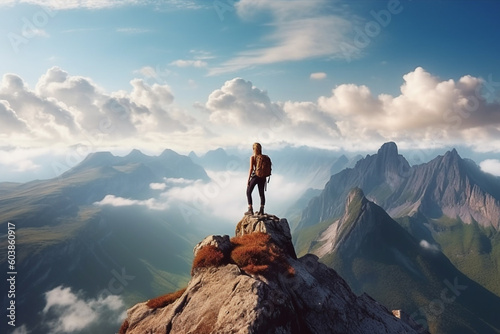 person standing on top of mountain while looking out at sunrise, in the style of realistic landscapes with soft edges, yellow and orange, feminine empowerment, photo-realistic landscapes © Linda