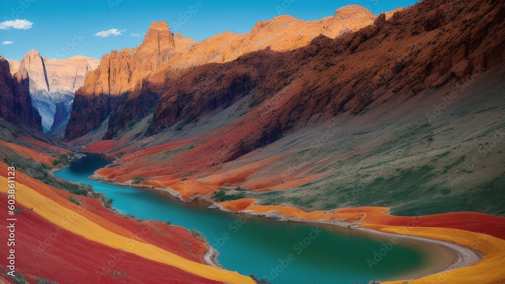 A Depiction Of A Captivating View Of A Mountain Valley With A River AI Generative