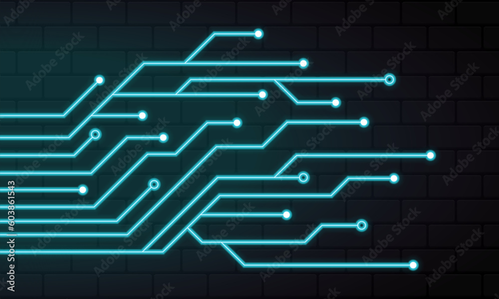 Glowing blue neon circuit board lines. Abstract technology neon circuit board. Digital circuit board elements. Modern tech design. Vector illustration Glowing blue neon circuit board lines. Abstract technology neon circuit board. Digital circuit board elements. Modern tech design. Vector illustration