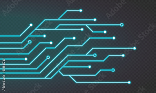 Glowing blue neon circuit board lines. Abstract technology neon circuit board. Digital circuit board elements. Modern tech design. Vector illustration