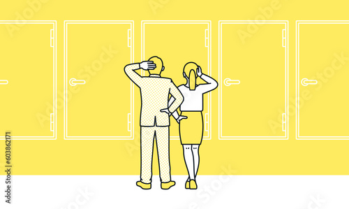 ドアの前に立つビジネスパーソン。複数の選択肢を前に熟考する男女のイラスト素材。