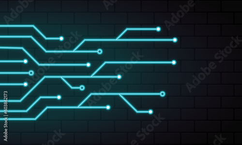 Glowing blue neon circuit board lines. Abstract technology neon circuit board. Digital circuit board elements. Modern tech design. Vector illustration