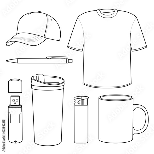 outline template shirt, cap, mug, a pen, thermos mug, lighter, flash drive usb, souvenir products on a transparent isolated png