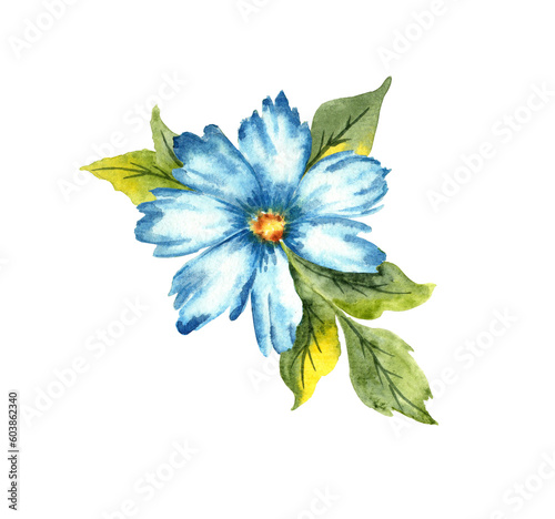 Watercolor illustration of a blue flower with green leaves. Colors indigo, cobalt, sky blue and classic blue. Great pattern for kitchen, home decor stationery wedding invitations and clothing printing © AliCris