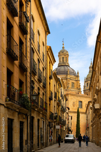 Scenic view of typical narrow cobbled street between medieval stone townhouses in Salamanca against backdrop of huge baroque dome of La Clerecia on spring day  Spain