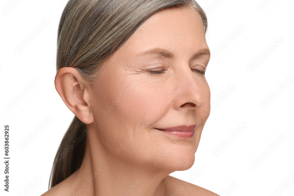 Portrait of senior woman with aging skin on white background. Rejuvenation treatment Portrait of senior woman with aging skin on white background. Rejuvenation treatment