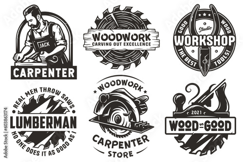 Set of logos for carpentry or wood carving or sawing. Collection of designs for woodworker, carpenter, joiner, timber, lumberjack and craftsman for workshop, woodworking, sawmill and woodwork