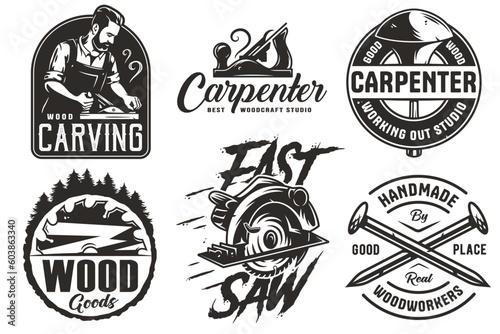 Wooden set of emblems or logos for carpentry or wood carving or sawing. Woody collection of designs for woodworker, carpenter, joiner, timber, lumberjack for workshop, woodworking, sawmill, woodwork