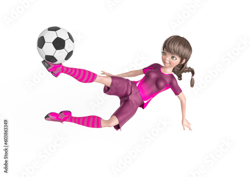 soccer girl is doing acrobatics to kick the ball in white background top view