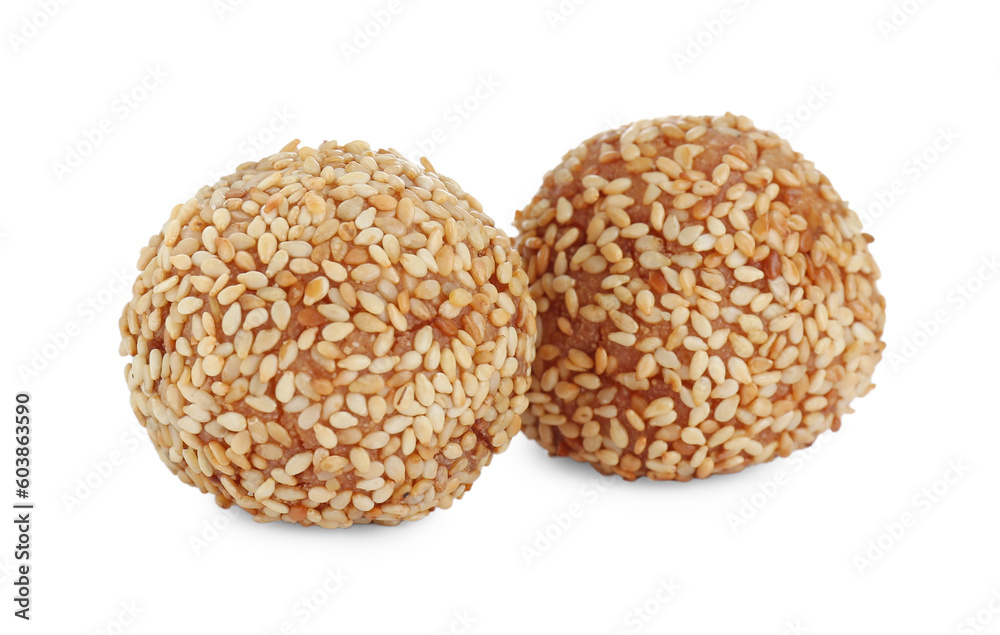 Two delicious sesame balls on white background Two delicious sesame balls on white background