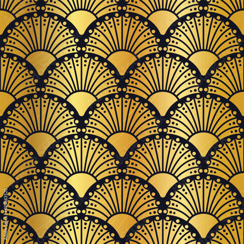 Metallic gold Ornate Art Deco Fan Seamless Vector Repeat Pattern