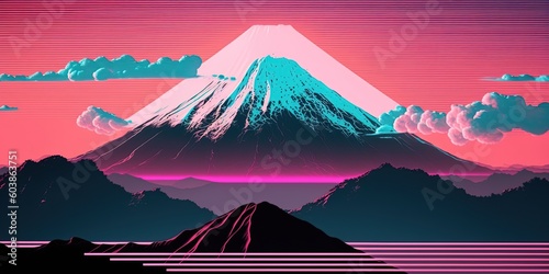 landscape fuji yama mountain japan in vapor wave synth background , ai generative