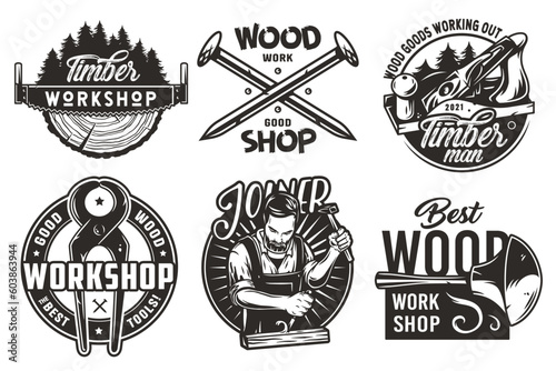 Set of logos for carpentry or wood carving or sawing. Collection of designs for woodworker, carpenter, joiner, timber, lumberjack and craftsman for workshop, woodworking, sawmill and woodwork