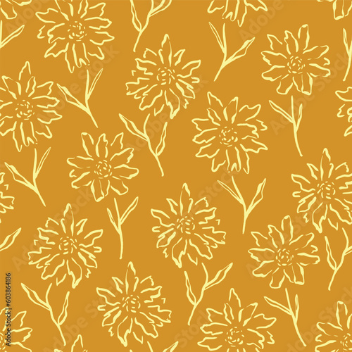 Gold Wildflower Doodle Seamless Vector Repeat Pattern